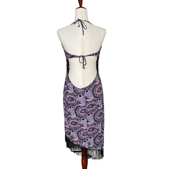 Vtg 00s Y2K Princess Bebe Halter Asymmetric Open Back Midi Dress L V Neck Fringe - Picture 3 of 13